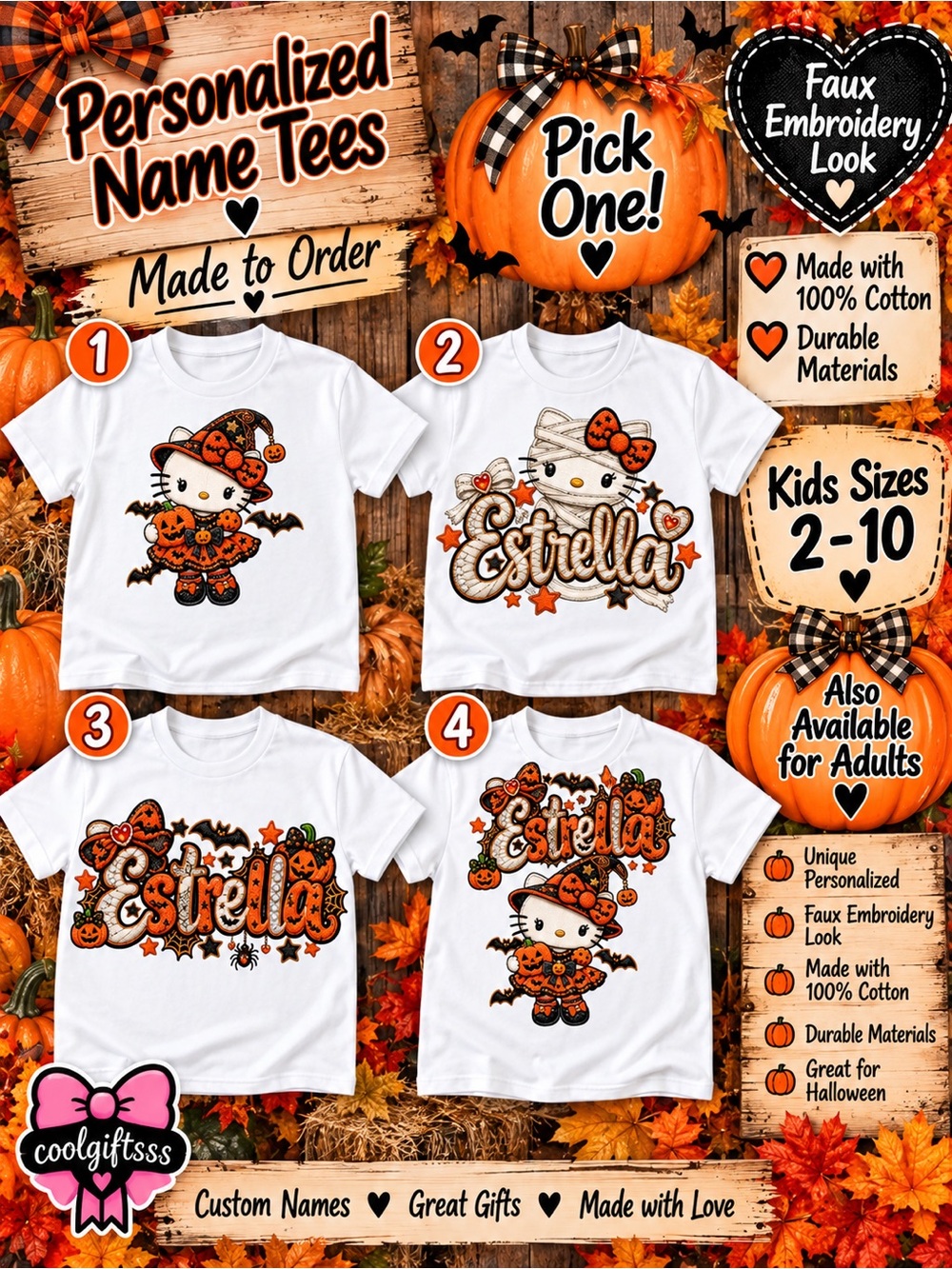 Personalized Kids Halloween Tee | Custom Name Faux Embroidery Shirt 2T-10